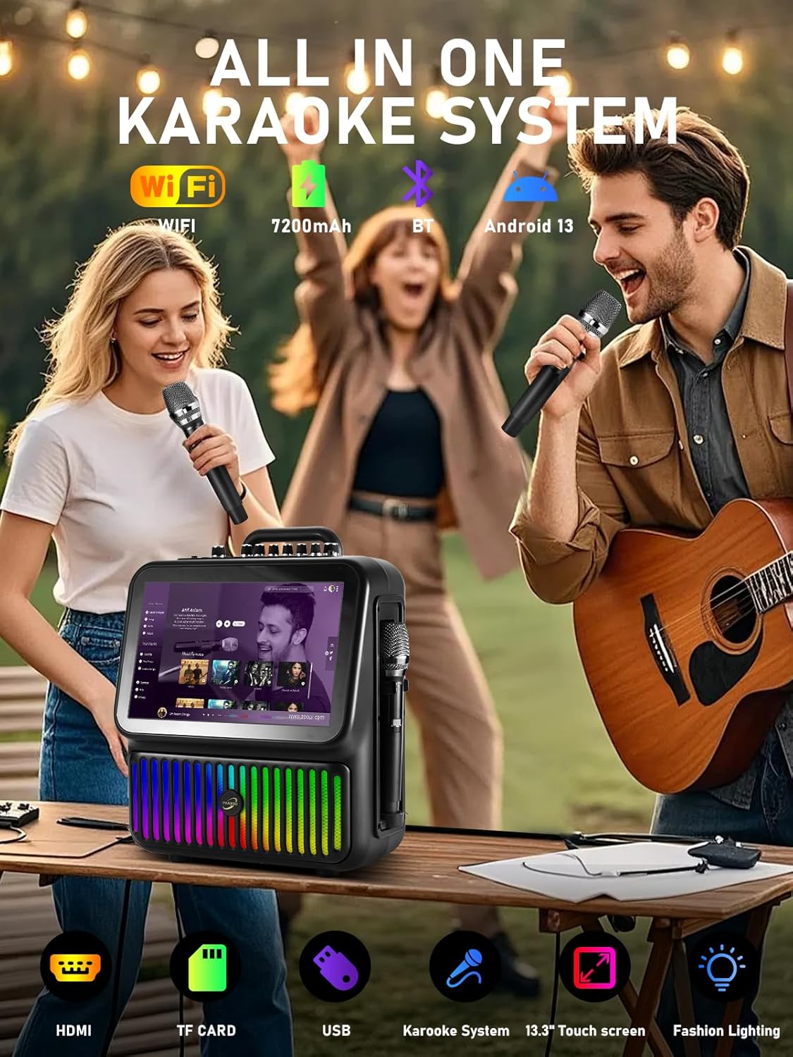 Smart Karaoke Machine, Bluetooth Karaoke Speaker with 2 Wireless Microphones，DJ Lights for Home Party Gathering, Karaoke Microphone Wireless PA System Supports