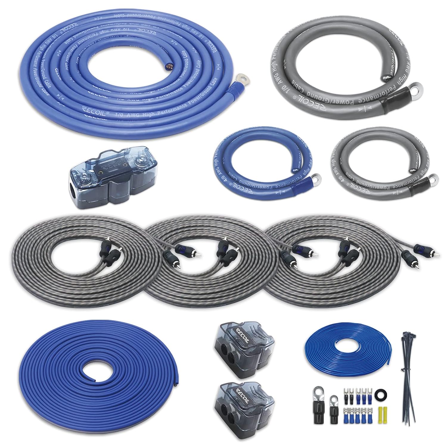 Recoil RCK0D True 1/0 Gauge Car Audio Dual Amplifiers CCA Wiring Installation Kits with OFC RCA Cable