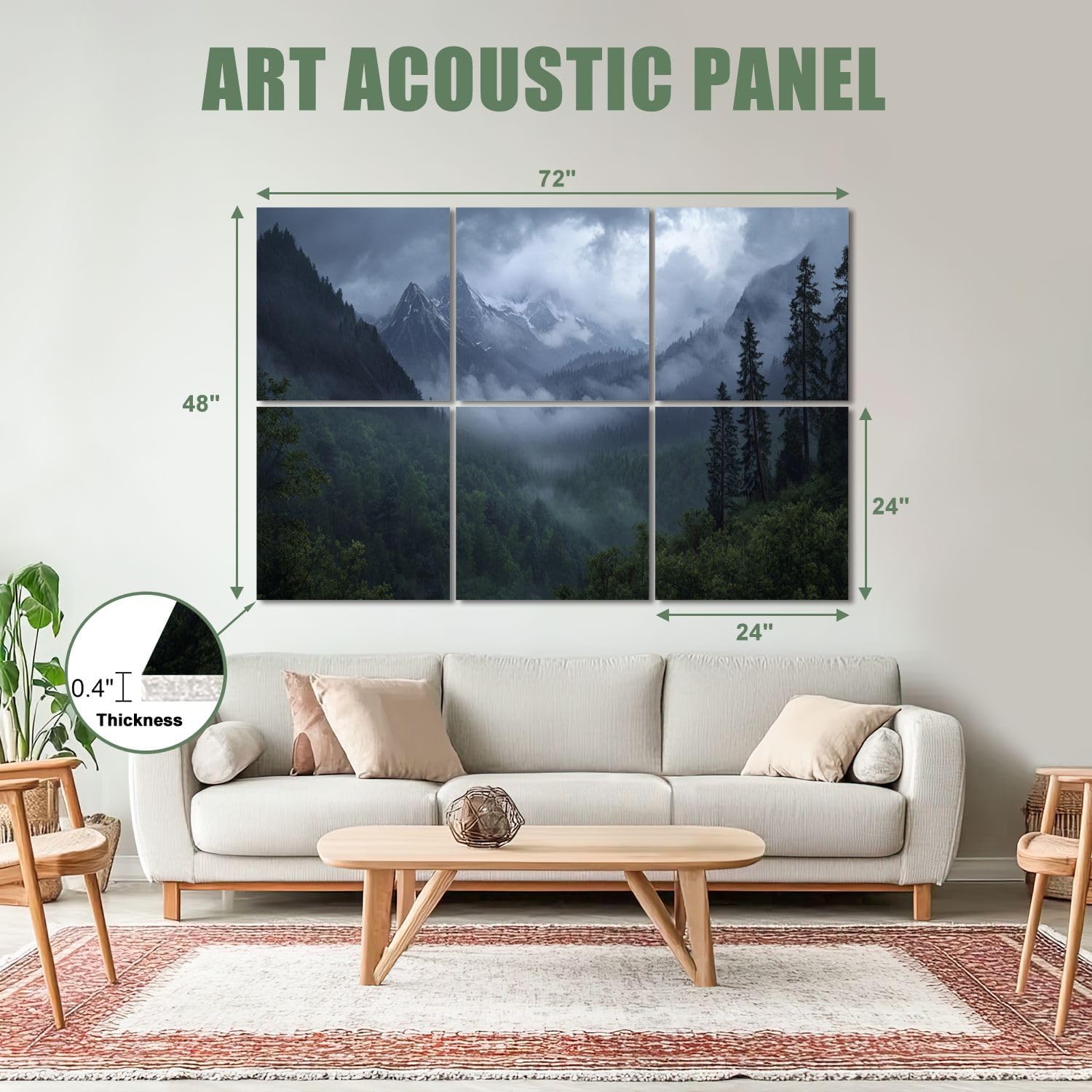 6 Pack Art Acoustic Panels Sound Absorbing Misty Snow Capped Mountains Dense Forest Foggy Atmosphere Tall Pine Decorative Soundproof Wall Panels Self Adhesive for Recording Studios Office 72