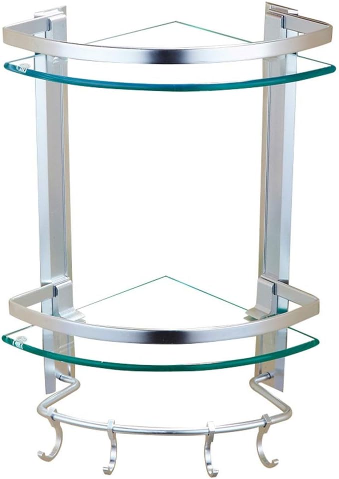 Shower Organiser Transparent Space Aluminum Tempered Glass Wall-Mounted 2 Tiers Hook Up Fan-Shaped Structure Dressing Table (Color : Clear, Size : 250x250x440mm)