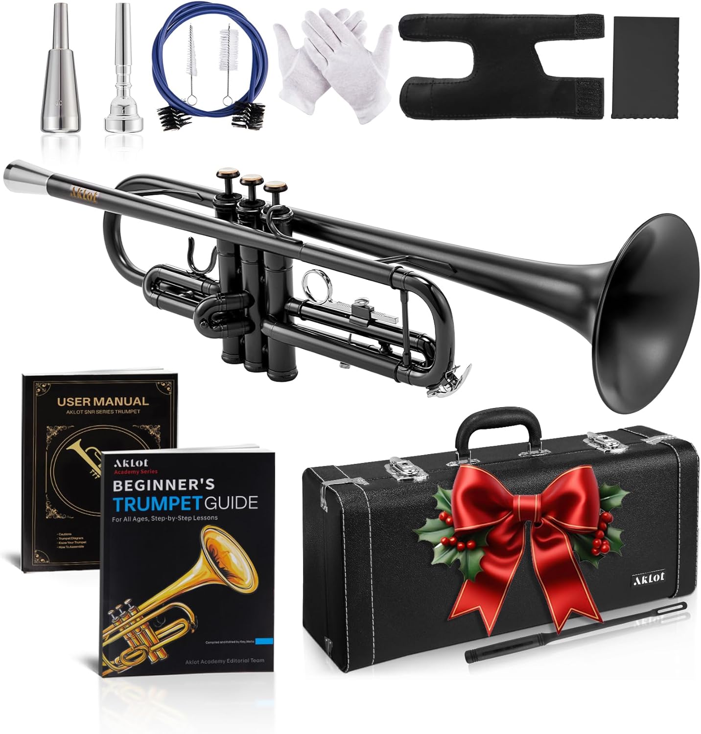 AKLOT Weighted Leadpipe Bb Trumpet: Electroplated Nickel Pistons, Brushed Matte Black, Leather Finger Guard, Weighted and Standard Trumpet Mouthpieces, Stylish Leather Case, Lesson Book (SNR-VirtOE)