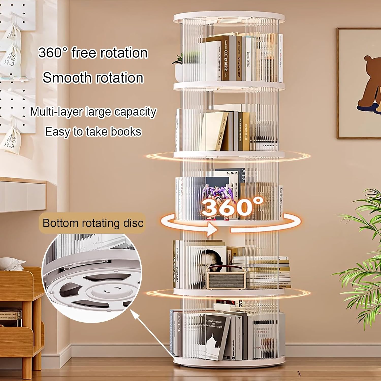 Rotating Bookshelf, Spinning Book Tower Swivel Bookcase, Round Book Shelf, for Small Space Freestanding Corner Bookcase for Playroom Bedroom Living Room(White 2,102cm/40.1in)