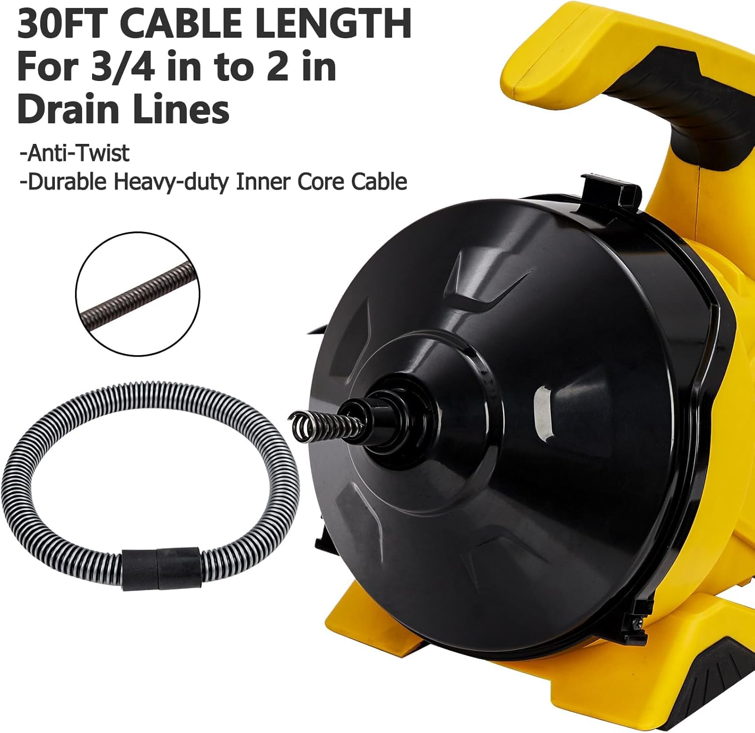 Drain Cleaner Machine 30Ft, Auto-feed Electric Drain Auger for 3/4In - 2In Pipes, Cable in Piano Wire with Foot Switch, Sewer Snake for Sinks, Toilets, and Floor Drains