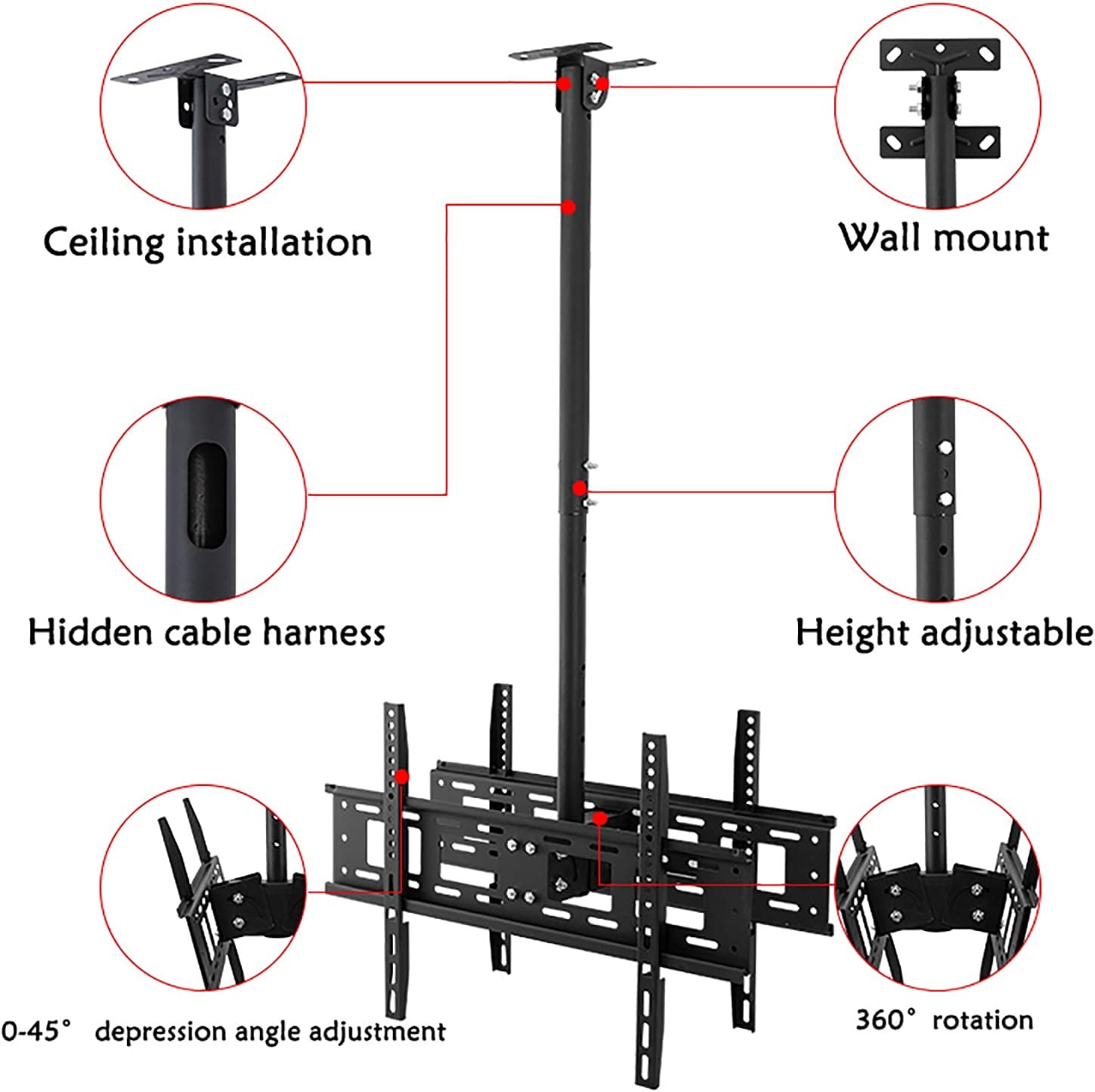 Tv Stand Tv Wall Mount Dual Tv Ceiling Mount, Fits 32-55Inch Led Screen Display, Tilt, Swivel and Height Adjustable Tv Bracket, Easy to Assemble,3.54m