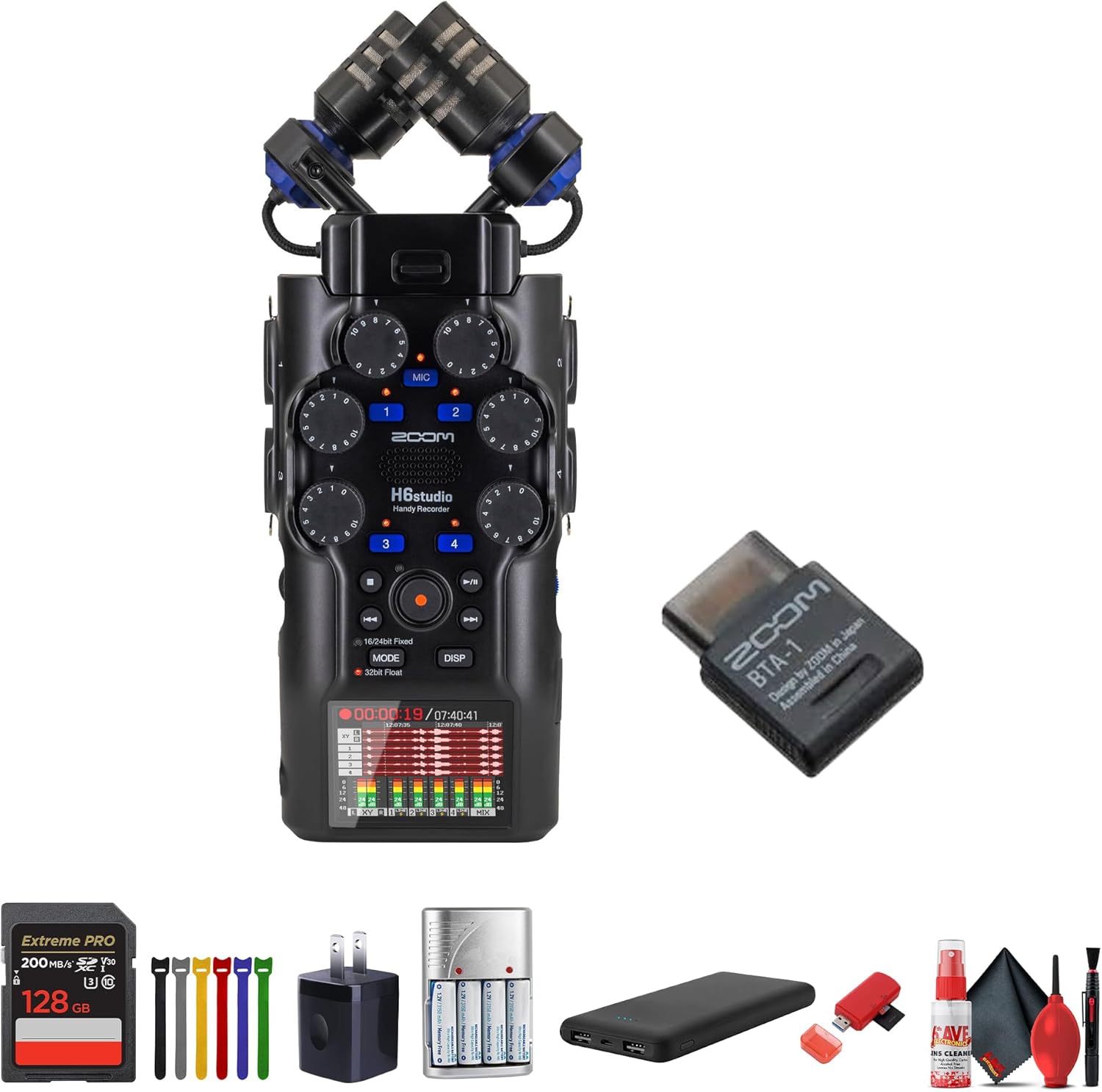 Zoom H6studio Handy Recorder, 6-Track Portable Audio Recorder with 32-Bit Float, Large X/Y Microphones, 4 XLR/TRS Inputs, USB Audio Interface, 192 kHz Recording, Bundle with BTA-1 Bluetooth Adapter