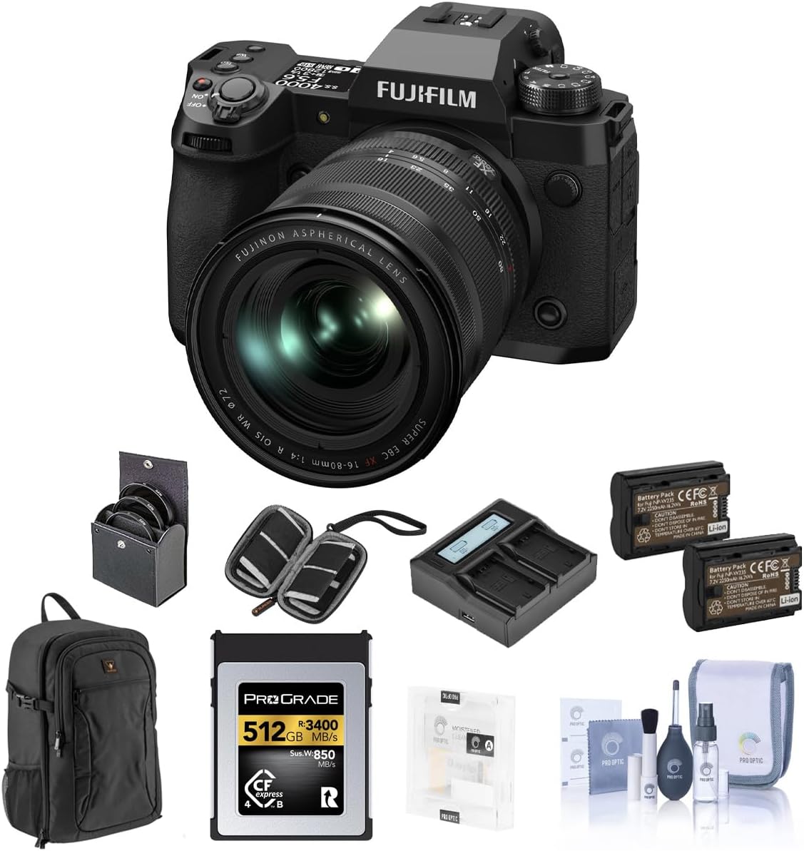 Fujifilm X-H2 Camera with XF 16-80mm f/4.0 R OIS WR Lens Bundle with 512GB CFexpress Card, 2x Extra Battery, Charger, Camera Backpack, Screen Protector, 72mm Filter Kit, SD Card Case, Cleaning Kit