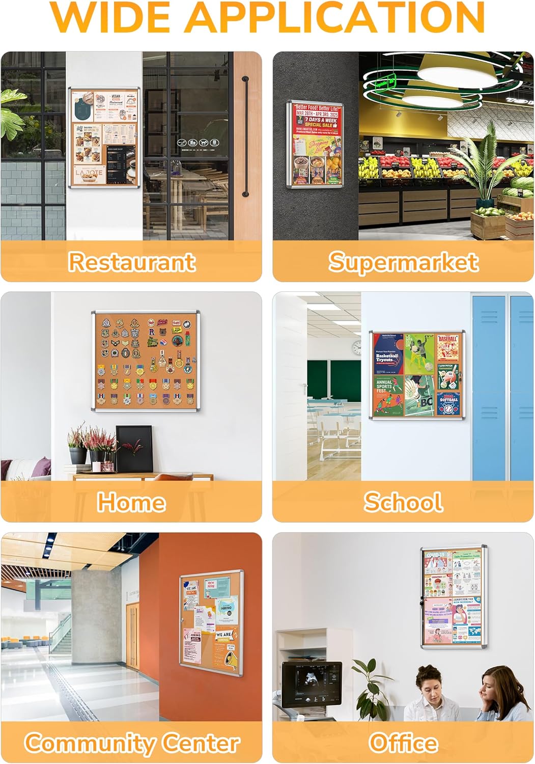 Enclosed Cork Bullletin Board 28x26 in, Tamperproof Display Case with Locking Door for Office School Home Store, Wall Mount, Silver Aluminum Frame (6xA4)