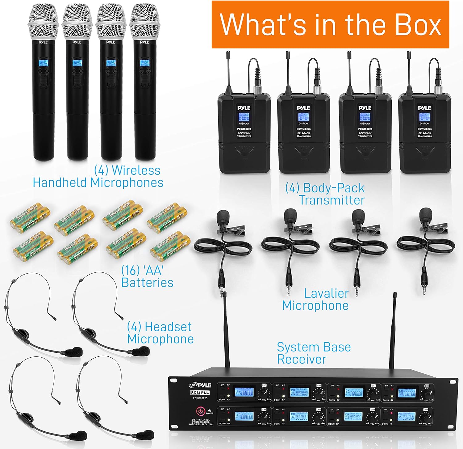 Pyle Professional 8 Channel UHF Wireless Microphone & Receiver System 4 Handheld Mics Belt Packs Transmitters Headsets &Lavalier Lapel Mics RF&AF Radio/Audio Frequency Digital Display(PDWM8225),Black