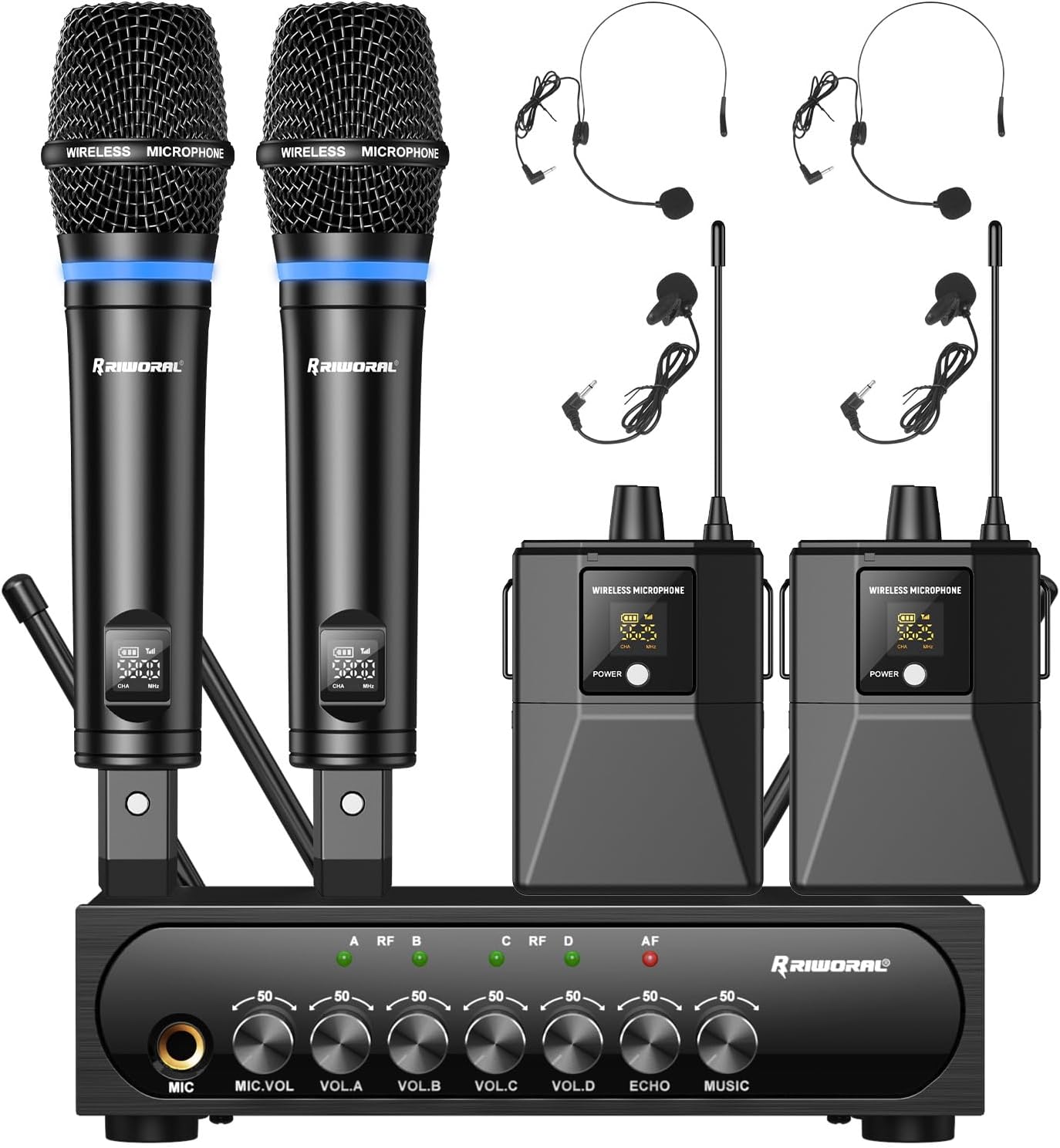 4 Channel UHF Wireless Mic Set with Handheld/Bodypack/Headset/Lapel Mics with Bluetooth Receiver Box + Volume Control Echo for Karaoke PA DJ Party (Wireless Microphone System)