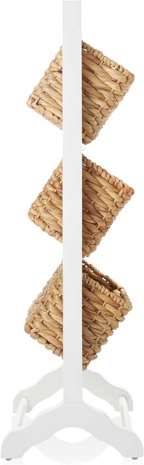 Casafield 3-Tier Floor Stand with Water Hyacinth Storage Baskets, White/Natural - Standing Organizer Rack for Bathroom, Kitchen, Laundry, Living Room