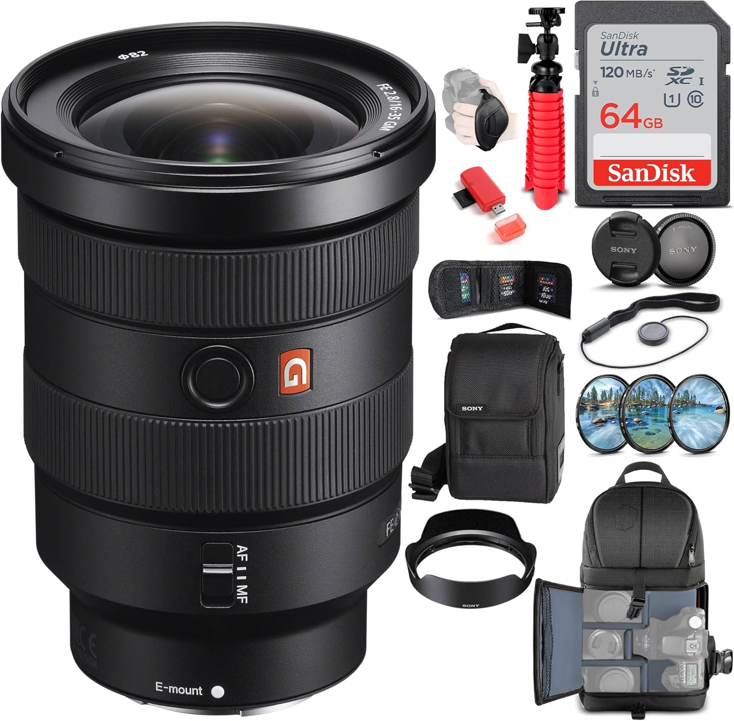 Sony FE 16-35mm f/2.8 GM Lens (SEL1635GM) + Filter Kit + Backpack + 64GB Card + Card Reader + Flex Tripod + Memory Wallet + Lens Cap Keeper + Cleaning Kit + Hand Strap + More (Renewed)