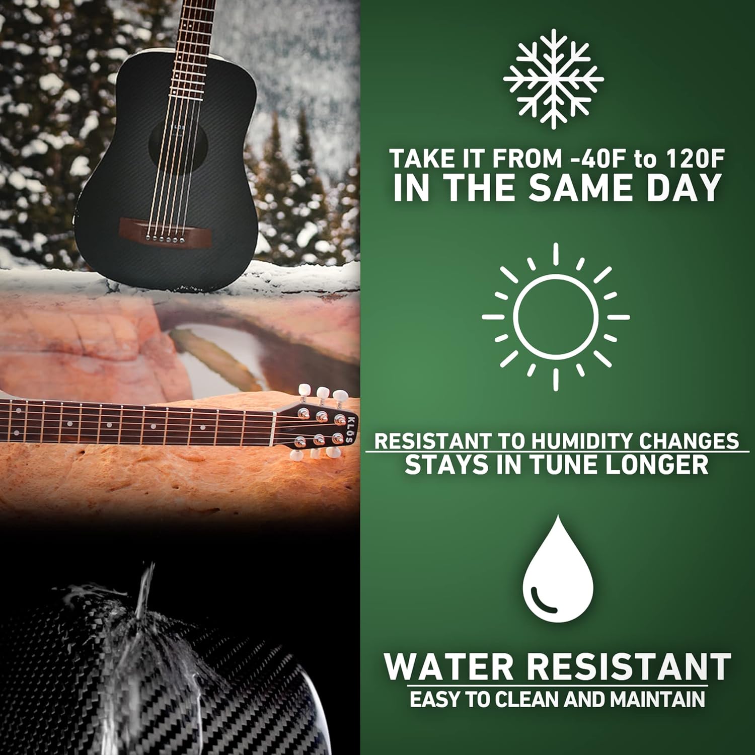 KLOS Travel Guitar, Durable Carbon Fiber Acoustic Guitar - Black with Gig Bag, Strap, Capo and more