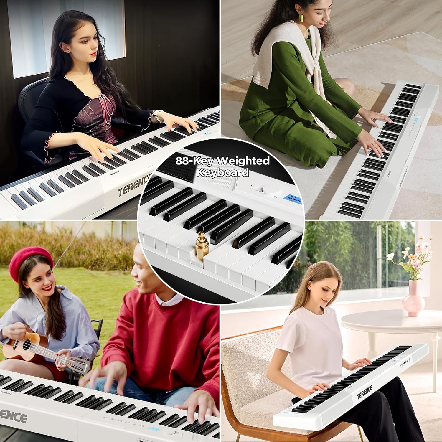 TERENCE Piano Keyboard 88 Key Weighted Key Digital Piano 30W Speaker Bluetooth MIDI Touch Sensitive Panel Portable Keyboard Piano for Beginners Adults Practice Gift for Christmas birthdays V50 White