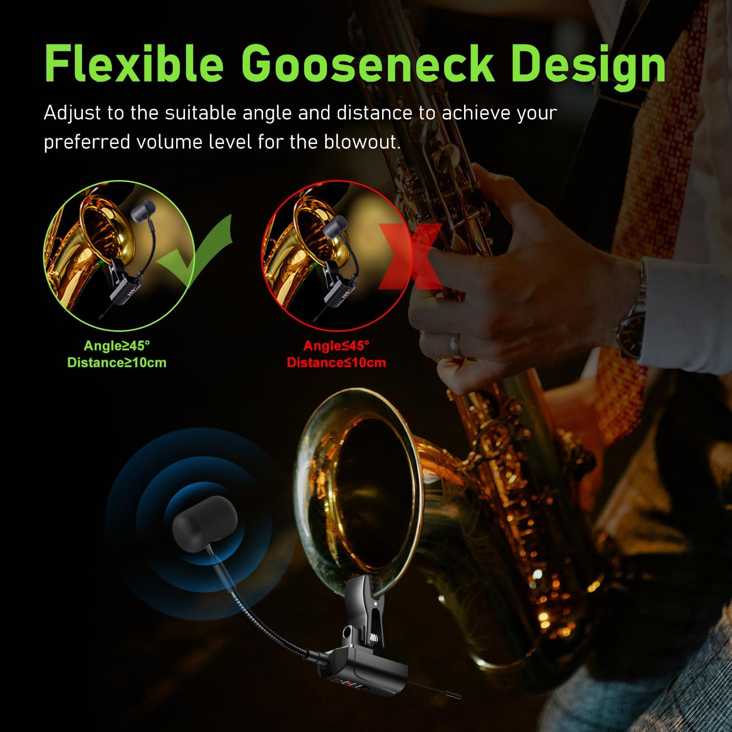 UHF Wireless Saxophone Microphone System Wireless Transmitter and Receiver Clip-on Instrument Microphones & Systems Mic for Trumpet, Sax, Musician, Active PA Systems, ST-5