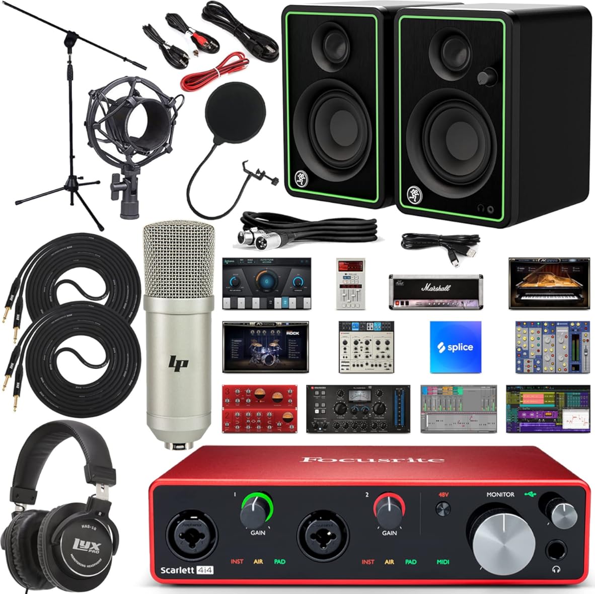 Focusrite Scarlett 4i4 USB-C Audio Interface Studio Bundle with Mackie CR3-X Monitors Condenser Microphone Headphones Boom Stand Pop Filter XLR and TRS Cables and Production Software