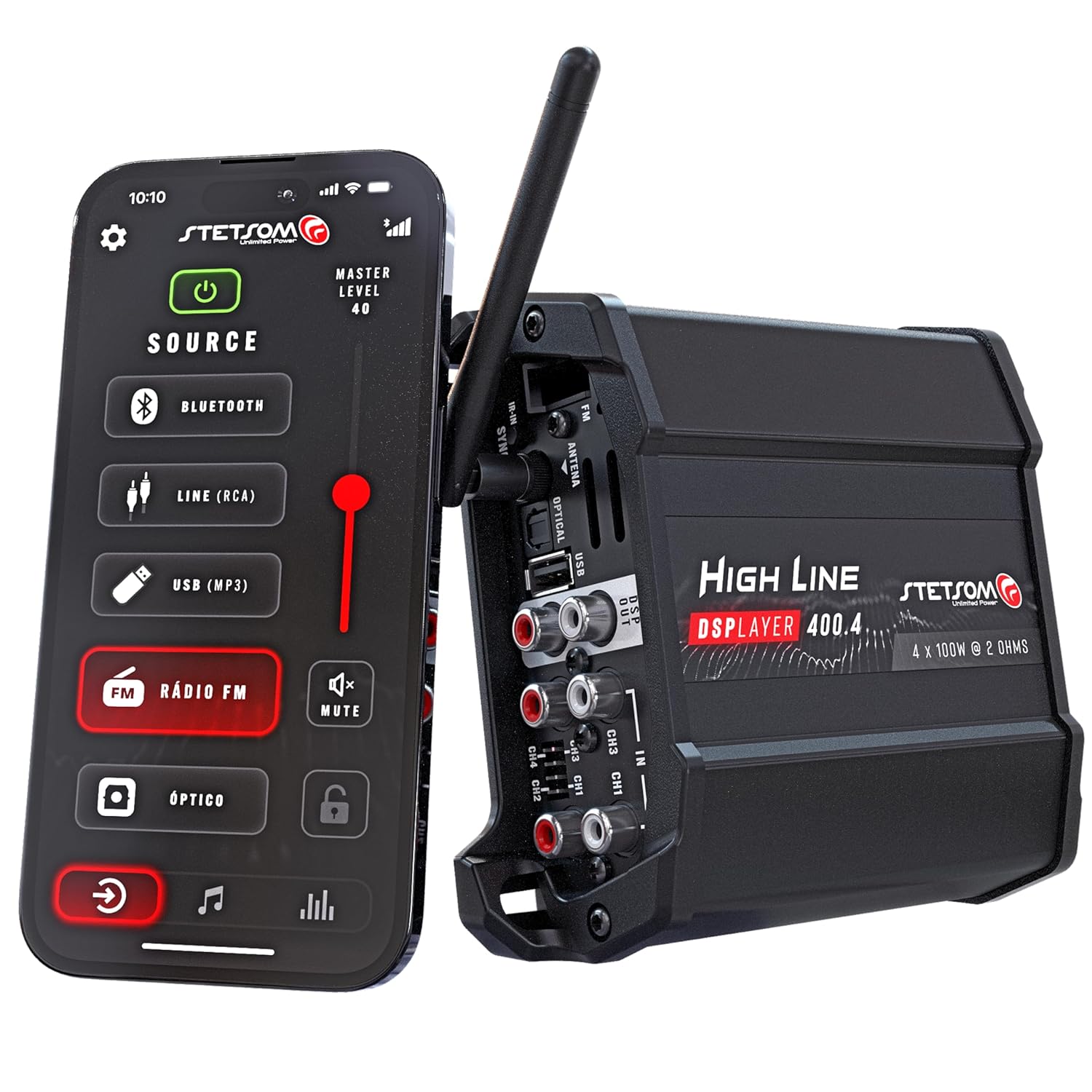 Stetsom HL DSPlayer 400x4 - All in One, Amplifier with DSP, BT, APP, FM Radio, Inputs RCA/High/Infra-red, Processed output for auxiliary amplifier, Compatible with Stetsom Remote Control SX2, 400w RMS