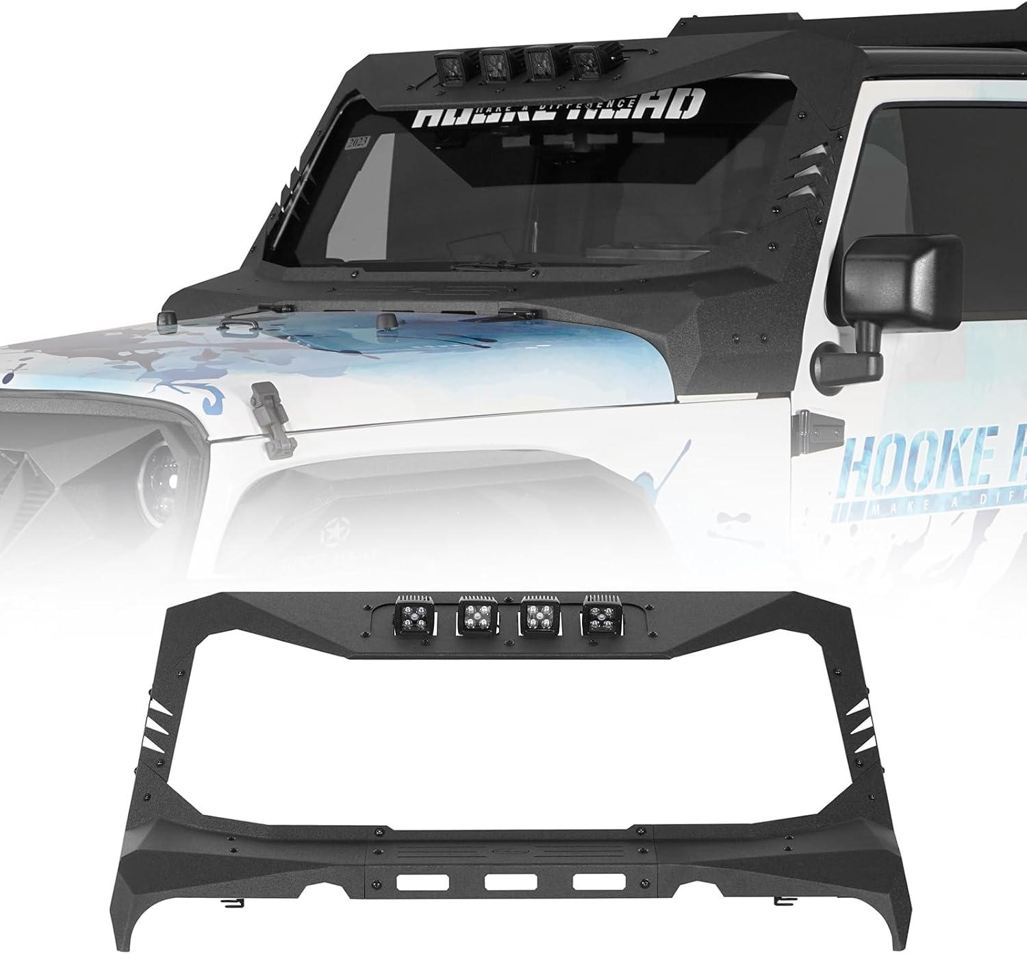 Hooke Road Mad Max Windshield Frame Cover Roof Sun Visor Cowl Body Armor for 2007-2018 Jeep Wrangler JK & Unlimited Include 4 LED Light Pods
