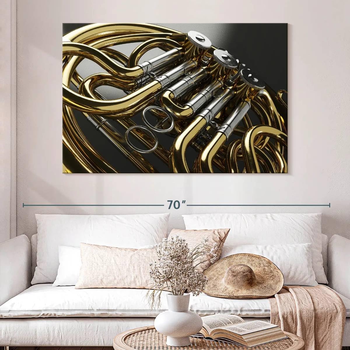 ElephantStock - Shiny French Horn Wall Art - Horizontal Canvas Wall Art - Living Room Wall Decor - Photography Music Canvas Art - Gray And Beige Decor - 51