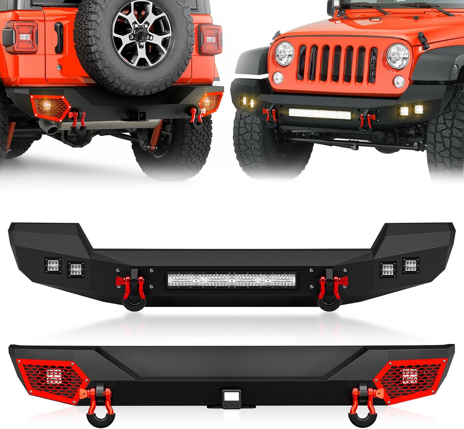 SUORTO Full Width Front Bumper and Rear Bumper Compatible with 2018-2026 Jeep Wrangler JL JLU Unlimited Off-road Bumper w/2