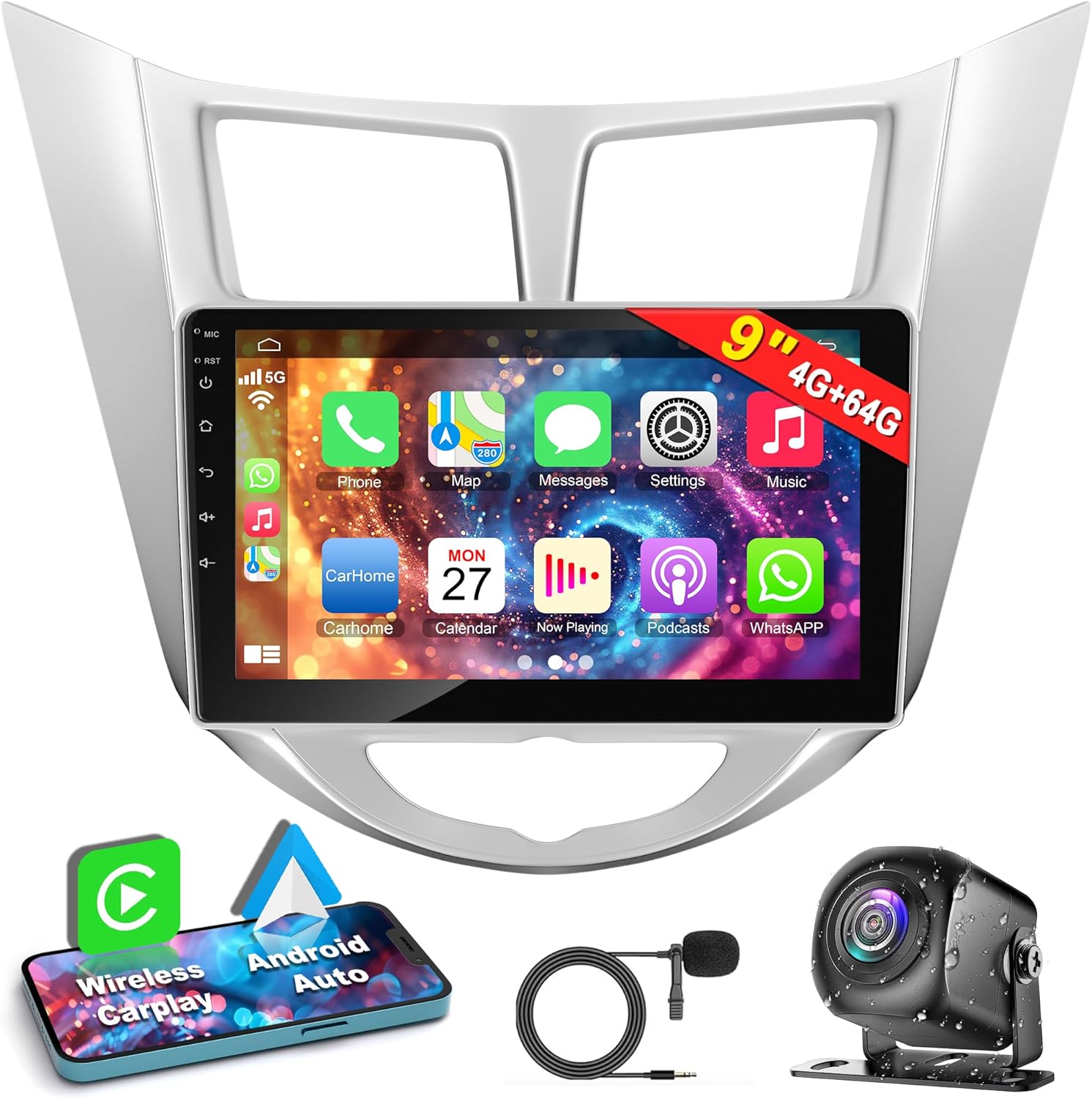 【4+64G】 Car Stereo for Hyundai Verna Accent Solaris 2010-2016, 9''IPS Touch Screen Radio with Bluetooth 5.2, Support Wireless CarPlay&Android Auto/GPS/HD Reverse Camera+MIC/FM Radio/SWC/WiFi/HiFi