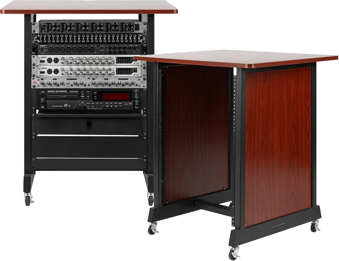 Rok-It By Frameworks Studio Series 14U Wood Rack Cabinet with Casters and Leveling Feet, Cherry (RI-STRK-14U-CH)