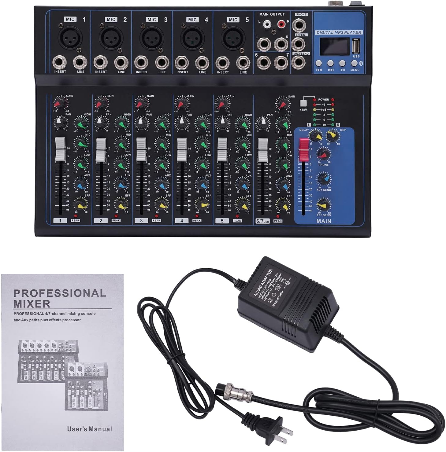 7 Channel Bluetooth Portable Audio Mixer w/USB DJ Sound Mixing Console MP3 Jack 48V Power for Computer Studio Recording 110V (7 Channel Mixer)