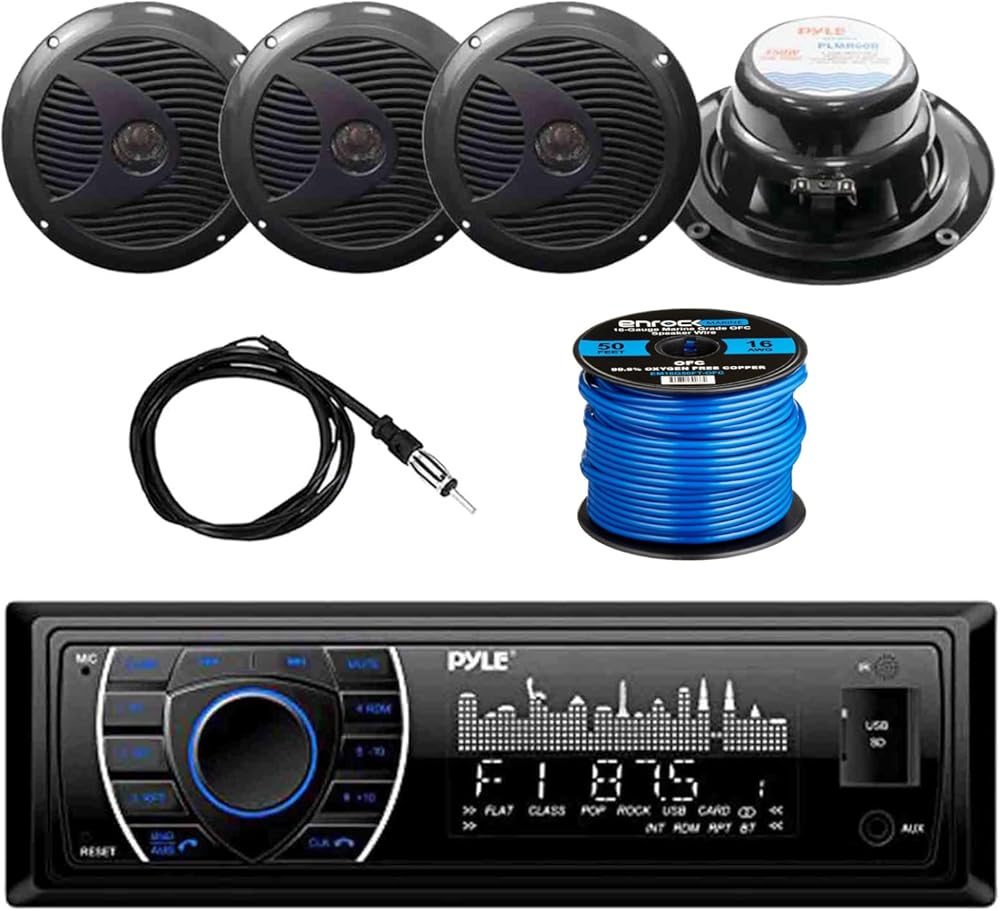 Pyle Single DIN Marine Bluetooth Receiver Stereo Bundle with 6.5