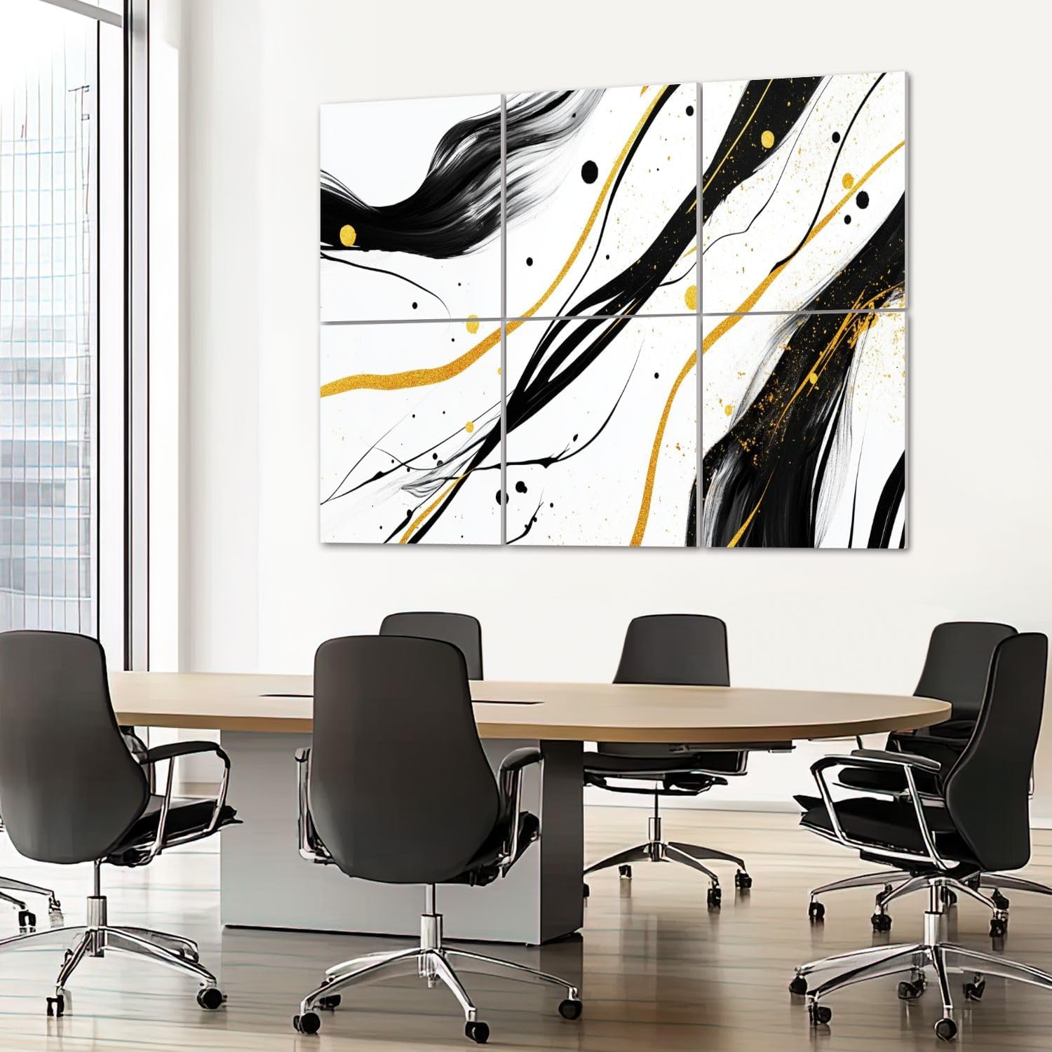 6 Pack Art Acoustic Panels Sound Absorbing Black White Gold Lines Brush Strokes Accents Fluid Dynamic Movement Decorative Soundproof Wall Panels Self Adhesive for Recording Studios Office 72