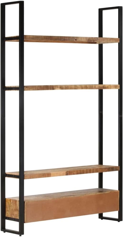 Rustic Solid Mango Wood Bookshelf with Black Metal Frame, 3 Spacious Shelves for Books and Decor, Unique Wood Grain Design, Wall Mountable Storage Unit for Living Room Office