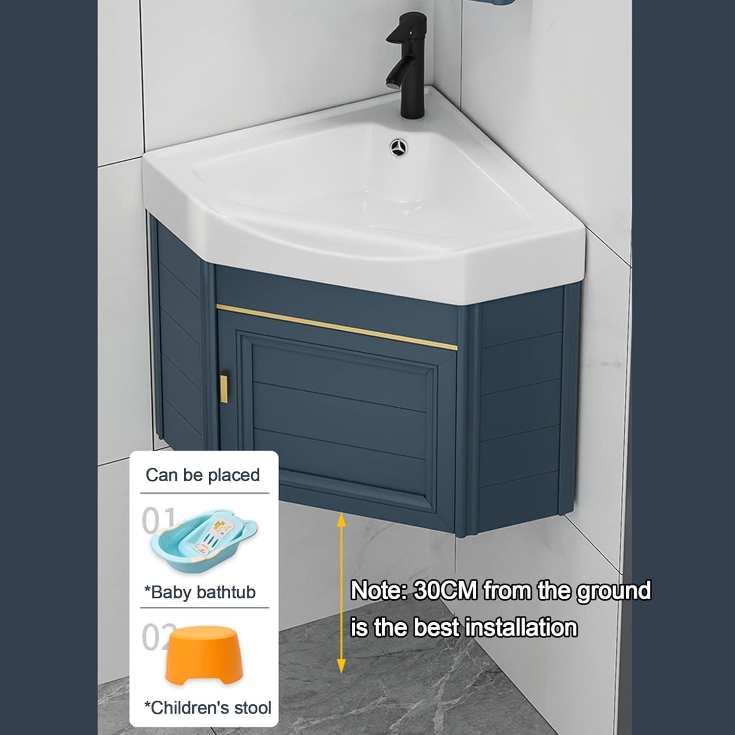 Small Corner Bathroom Vanity Vessel Cabinet Sink Combo Wall Mount Triangle Ceramic Counter Sinks with Hot and Cold Faucet and Overflow Utility Washing Hand Basin for Laundry Room Kitchen Patio ( Size