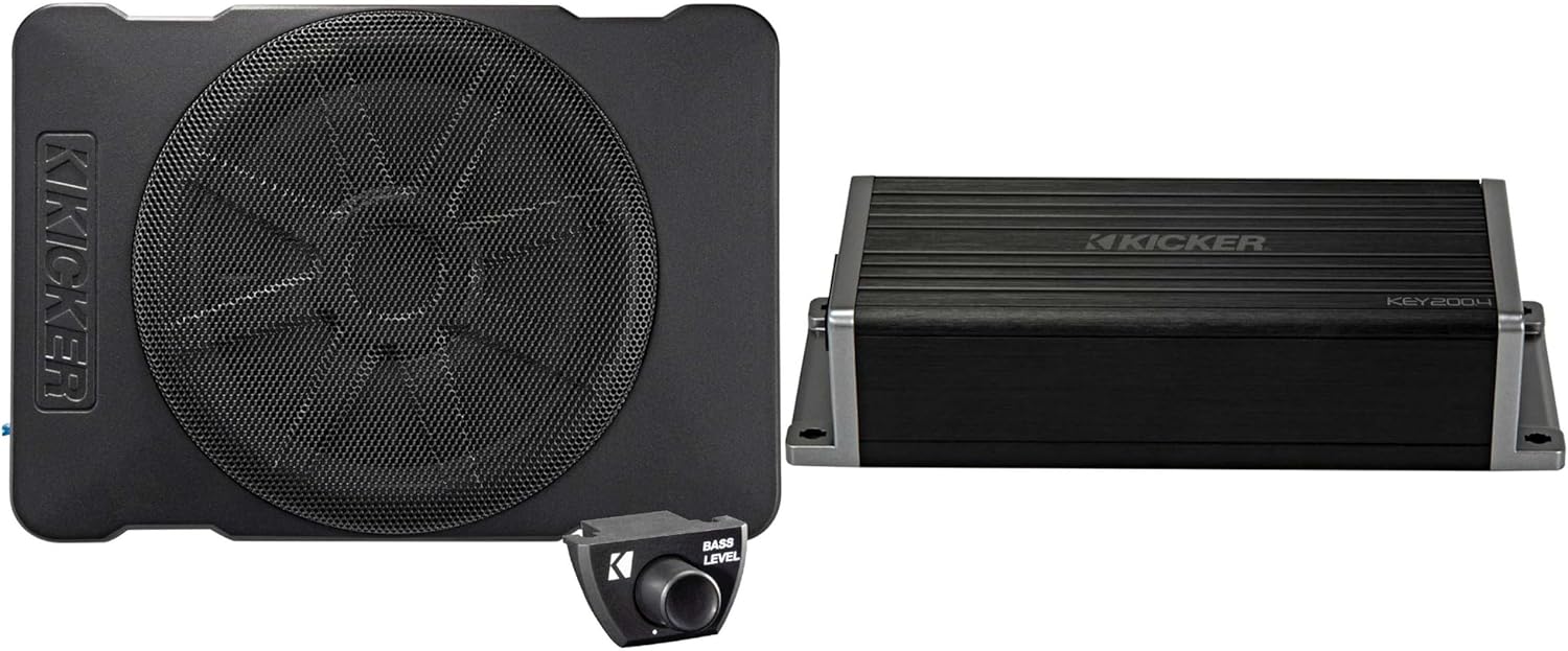 Kicker 47KEY2004 4-Channel DSP Smart Amplifier, 4x50W w/ 51HS10 Hideaway Compact Powered Subwoofer, 10-Inch Bundle