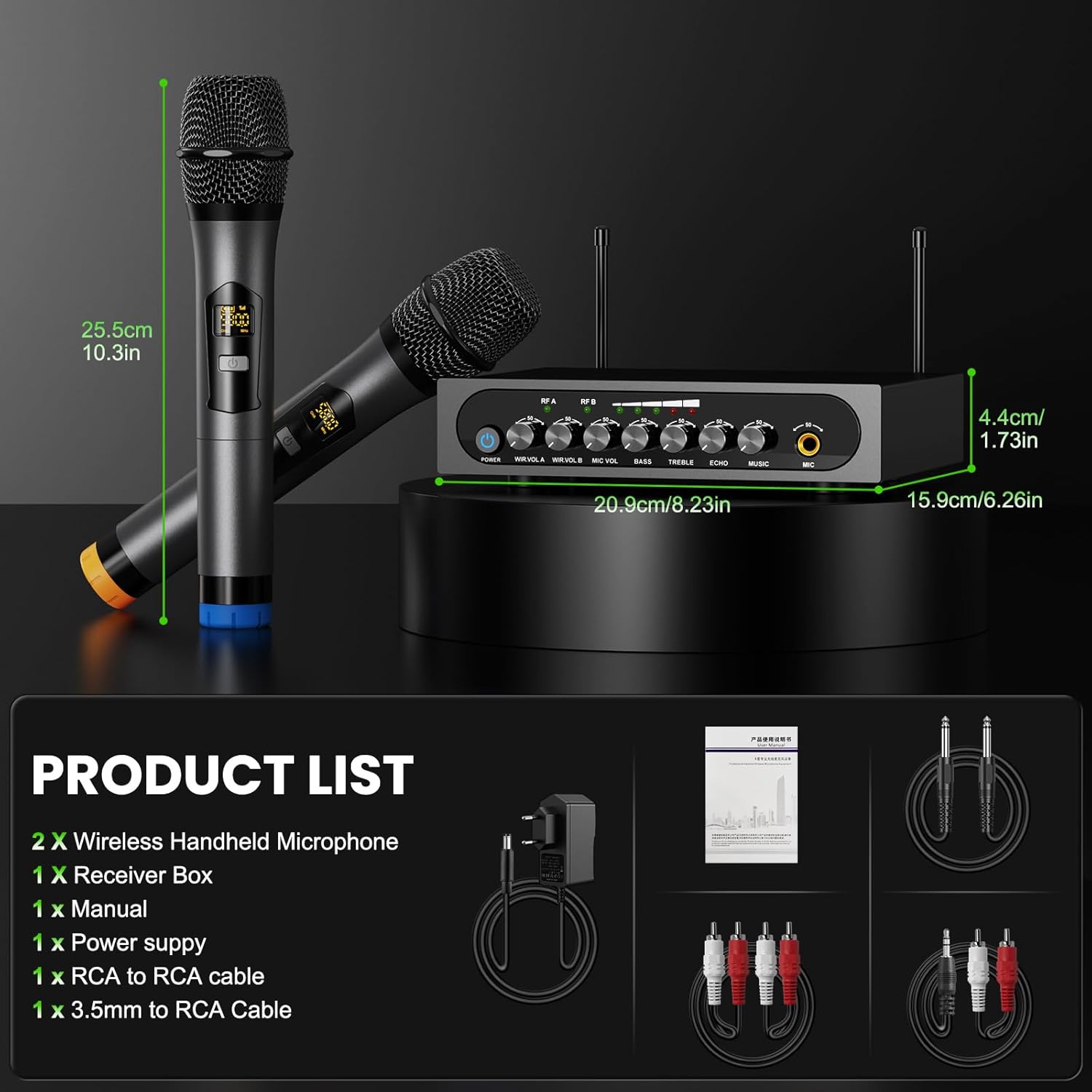 Wireless Microphone System Cordless Dynamic Mic UHF Dual Channel Wireless Handheld Microphone with Echo Bluetooth Volume Control for Karaoke Singing Church for Amplifier Speaker Mixer