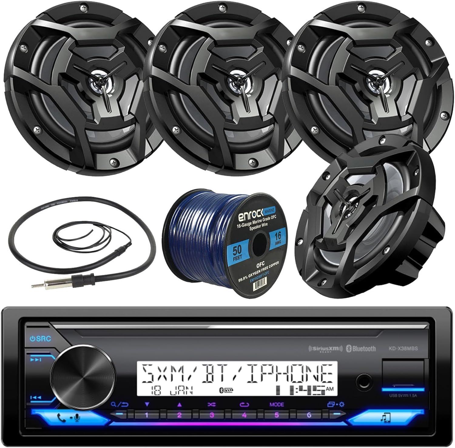 Single DIN Marine Motorsports Bluetooth USB AUX AM/FM Stereo Receiver, (Qty 4) 6.5