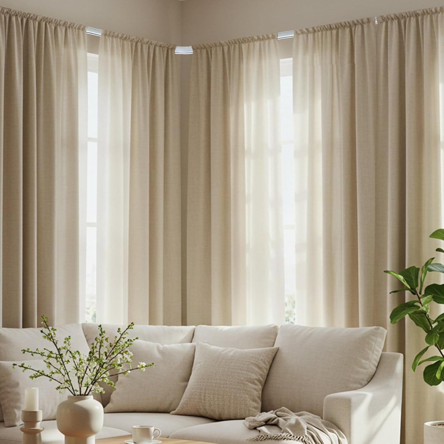 Juexica 3ft-13ft / 4 Meter Curtain Track Set with 90 Degree Corner Bends, Ceiling or Wall Mount, Aluminum Heavy Duty Ceiling Mount Adjustable Length Curtain Rails with Rods Clips Hooks (White)