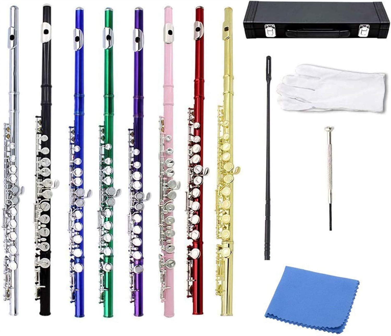 Flute Kit Flute Copper- Nickel Silver- Plated 16- Hole C- Key Woodwind Instrument Padded Box with Gloves Intermediate Flute (Color : Blue)