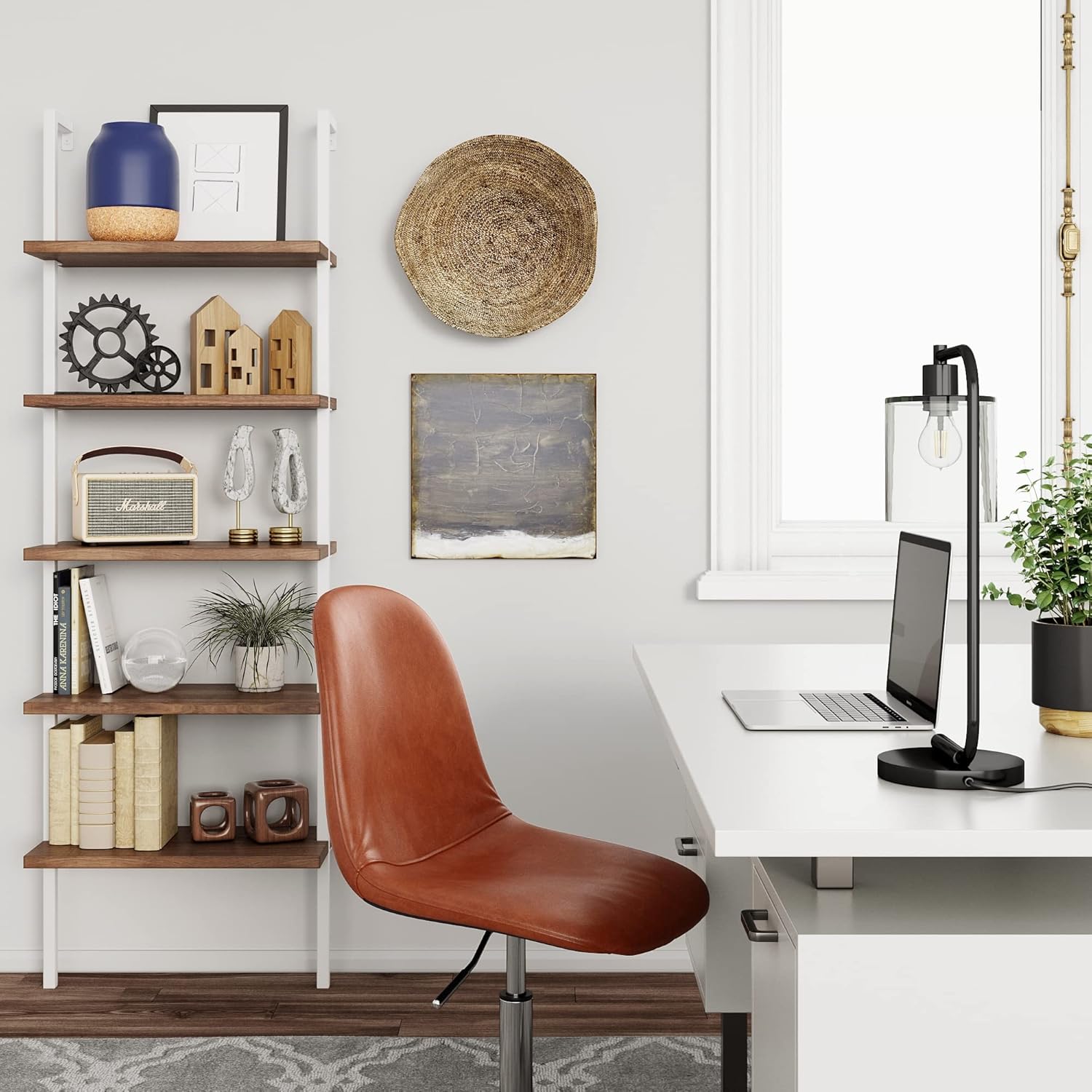 Nathan James Theo 5-Shelf Wood Modern Bookcase, Open Wall Mount Ladder Bookshelf with Industrial Metal Frame, Light Brown Oak/White