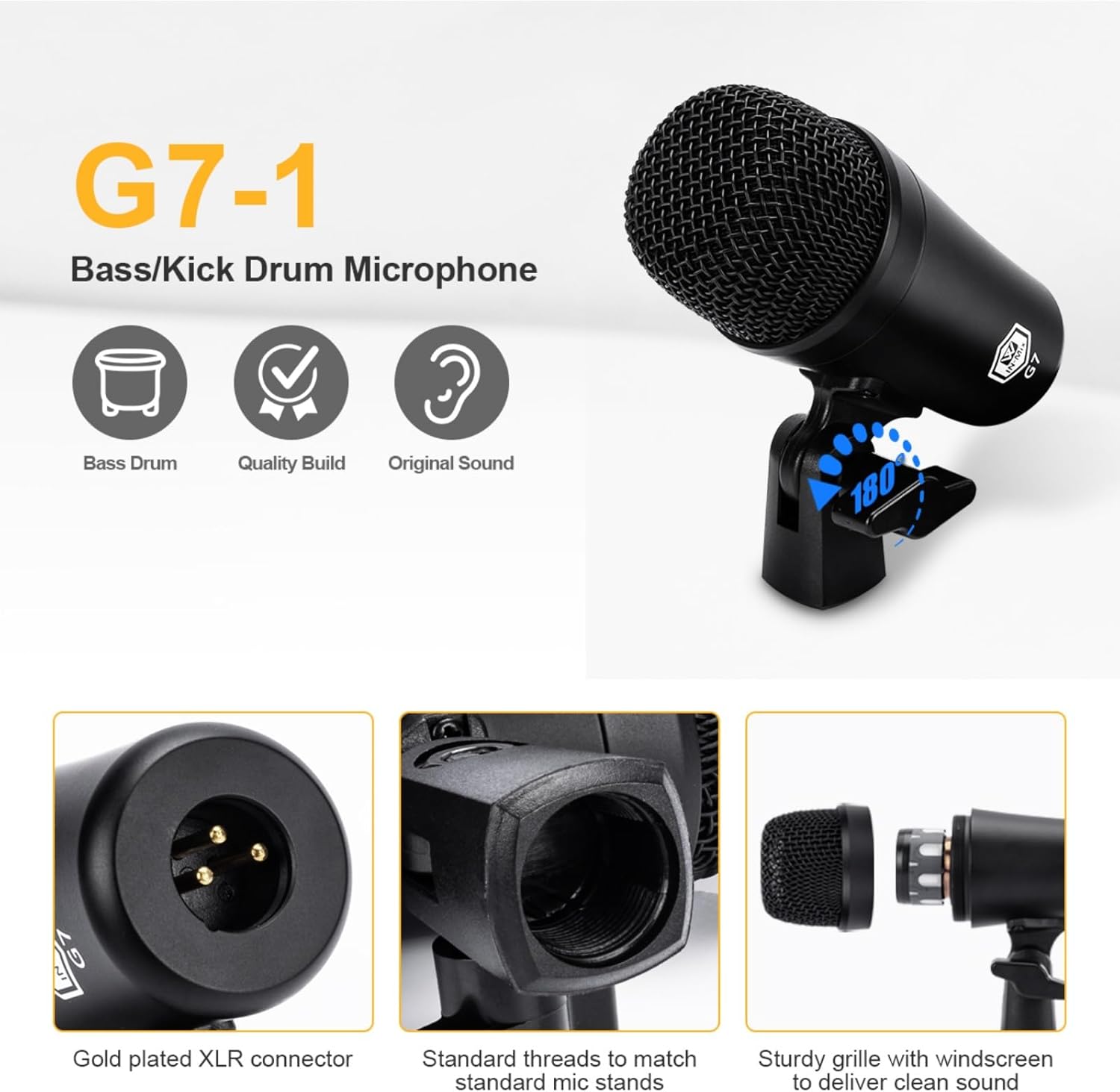 W IN-MIX G7 7-Piece Wired Dynamic Drum Mic Kit (Whole Metal)- Kick Bass, Tom/Snare & Cymbals Microphone Use for Drums, Vocal, Other Instrument Complete with Thread Clip, Mics Holder