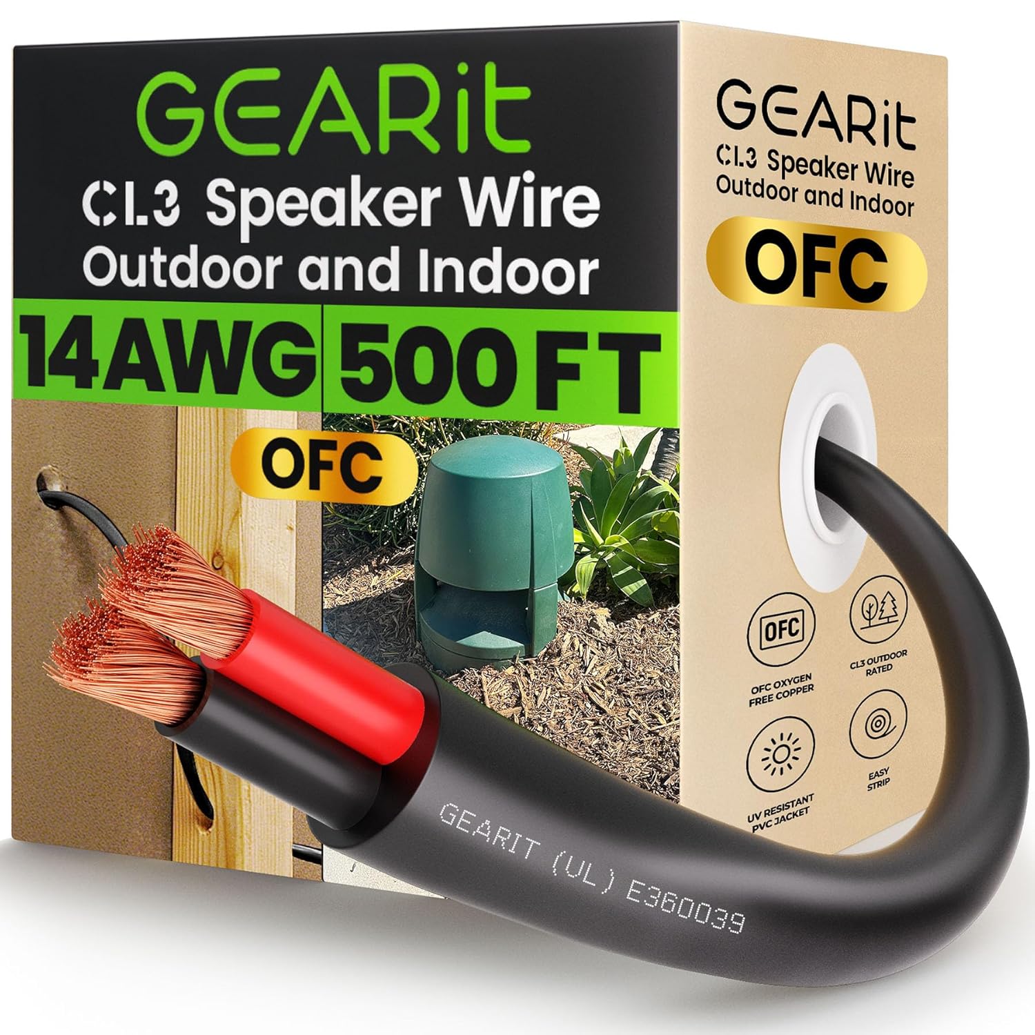GearIT 14/2 Speaker Wire (500 Feet) 14AWG Gauge - Outdoor Direct Burial in Ground/in Wall / CL3 CL2 Rated / 2 Conductors - OFC Oxygen-Free Copper, Black 500ft