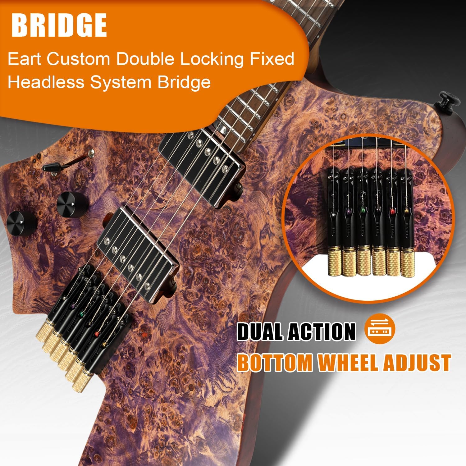 EART GW2L Headless Electric Guitar - Roasted Padauk/Poplar Burl Solid-Body, Compound Radius Neck, Custom Alnico-V Pickups, Headless Bridge System - Left Hand