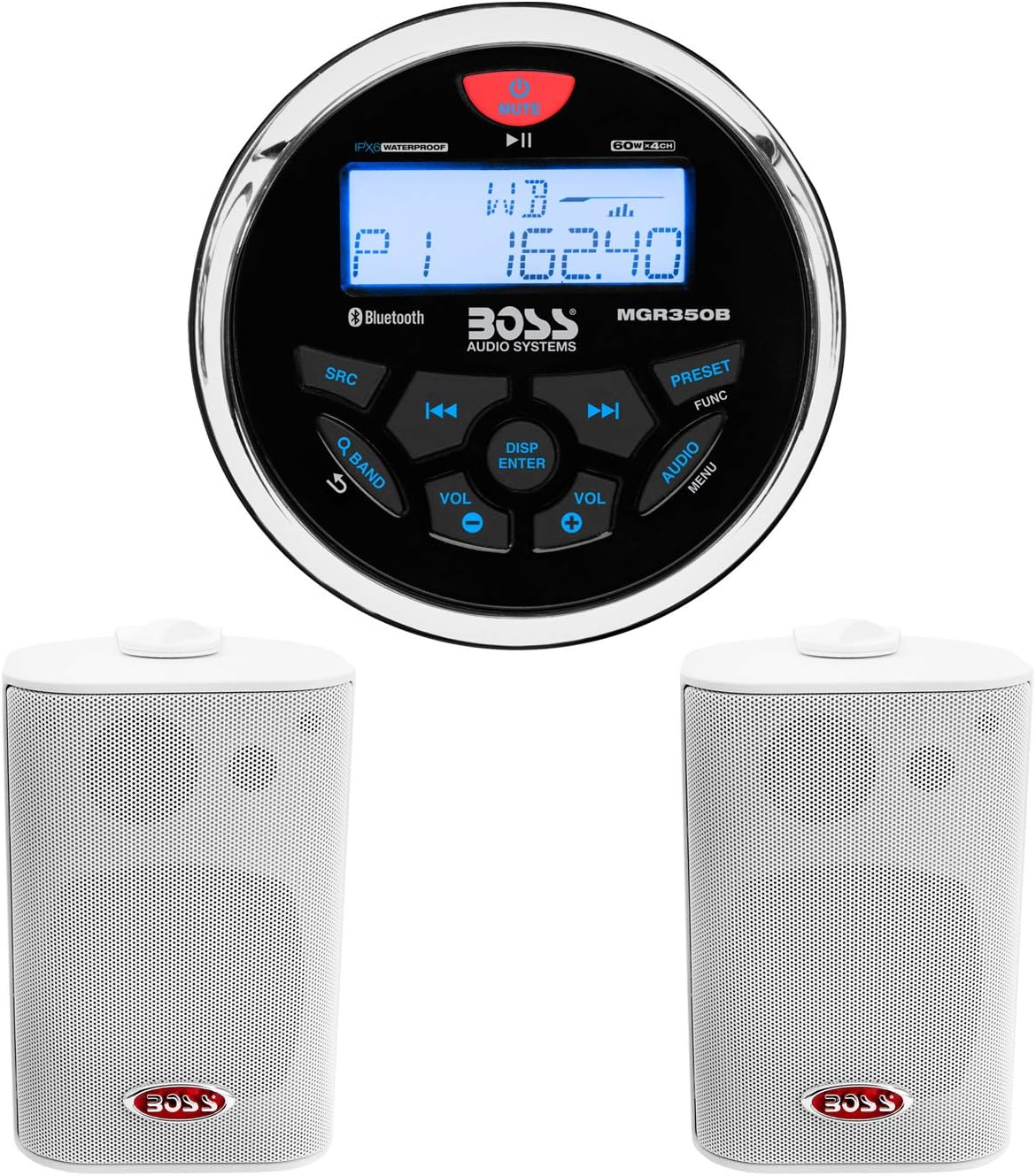BOSS Audio Systems MGR350B Marine Gauge Receiver - Bluetooth, Digital Media MP3 Player + MR4.3W 200-Watt 3 Way Marine 4-Inch Enclosed System Speakers.