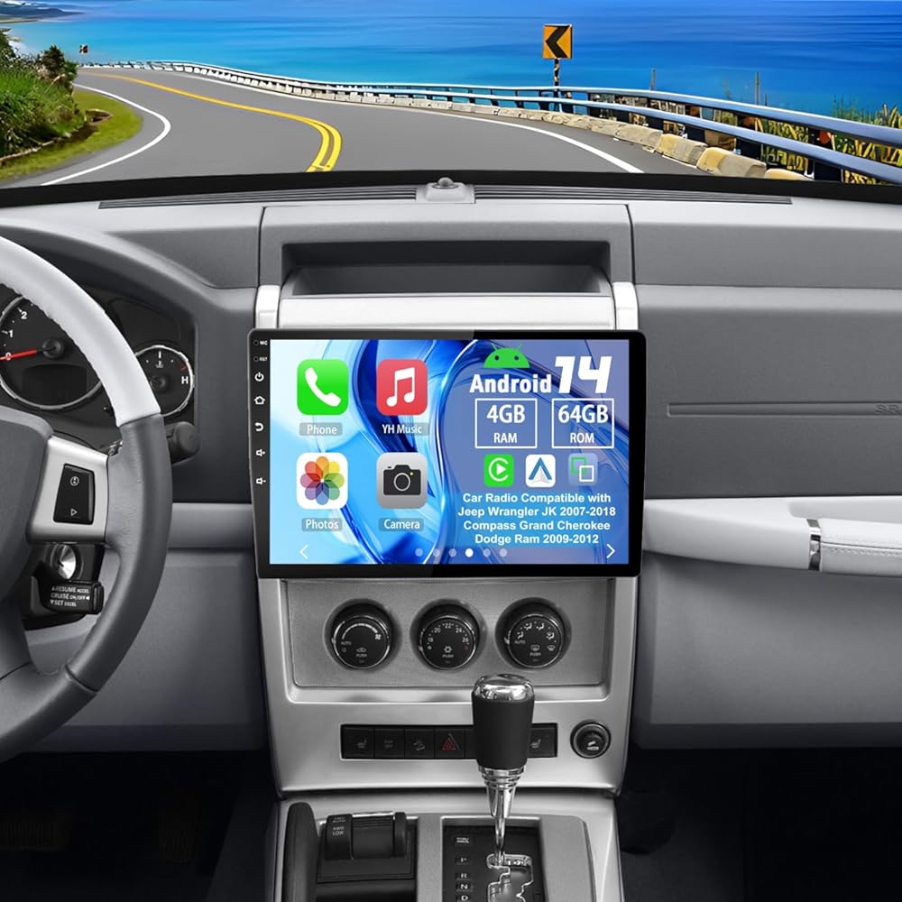 Android 14 Car Radio Compatible with Jeep Wrangler JK 2007-2018 Compass Grand Cherokee Dodge Ram 2009-2012, 4G+64G 10.1