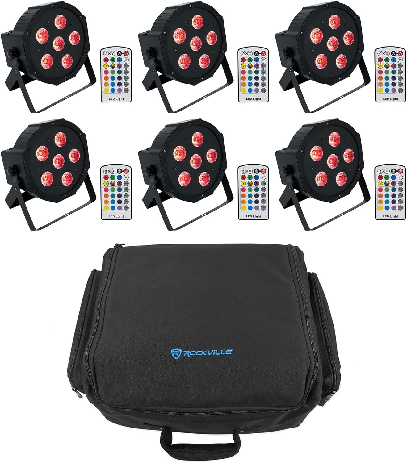 Rockville Battery PAR 6RF Bundle: 6 RGBWA+UV 22W Battery Powered Wireless DMX Par Wash Lights, RLBP6 Padded Backpack Bag for Uplighting Transport, 7-Items