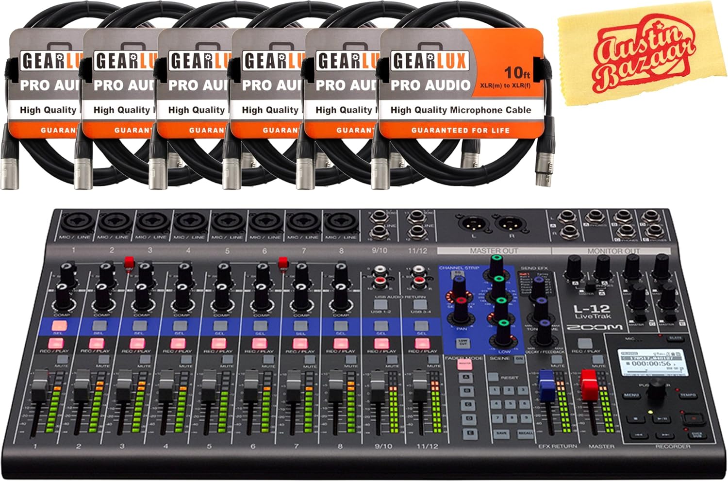Zoom LiveTrak L-12 Live Mixer/Recorder Bundle with 6 XLR Cables and Austin Bazaar Polishing Cloth