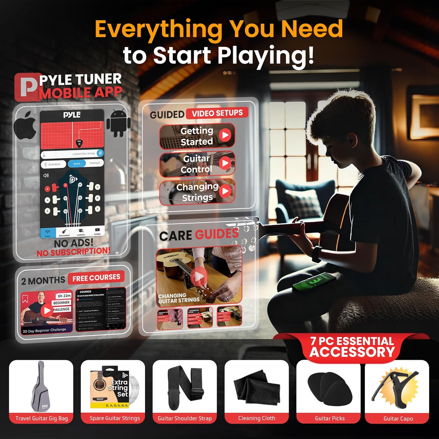 Pyle Beginner Acoustic Guitar Kit, 4/4 Full Size All Wood Instrument for Kids, Adults, 41