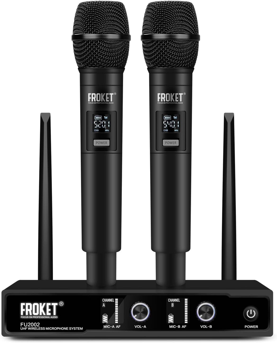 FU-2002 Dual Handheld UHF Wireless Microphone System - 260ft Range, Auto Pairing, LCD Display for Church/Speech/Meeting