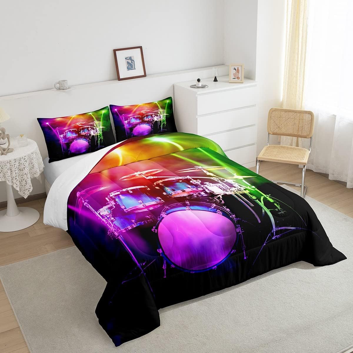 Feelyou Drum Kit Comforter Music Themed Bedding Set Musical Instruments Comforter Set for Boys Girls Kids Room Decor Colorful Glitter Duvet Set King Size with 2 Pillow Case Boys
