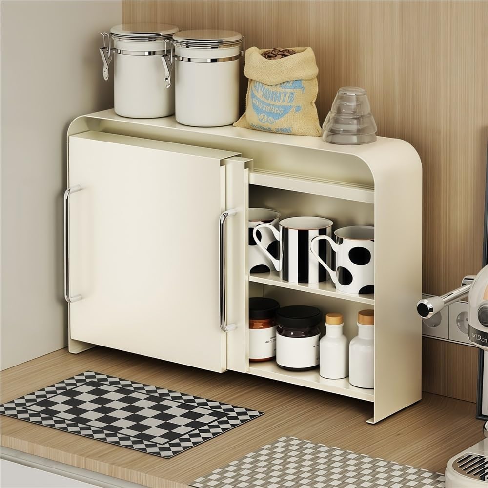 Cup Storage Cabinet, Kitchen Spice Rack with Sliding Door, 2 Tier Storage Rack Organizer for Dining Rooms, Tea Corners, Living Rooms or Offices