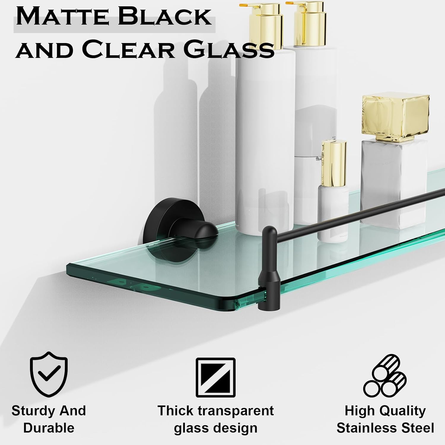Bathroom Shelf Glass Shelf 2 Pack,24-Inches Floating Glass Shelves Towel Bar/Track(Matte Black)