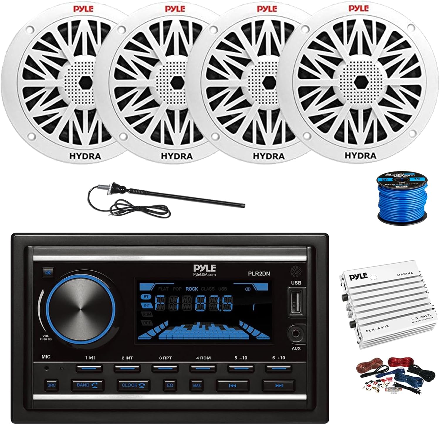 Pyle PLR2DN Double DIN AM/FM/MP3/USB/AUX Bluetooth Car Receiver, 4-Channel Amplifier w/Kit, 4x 6.5