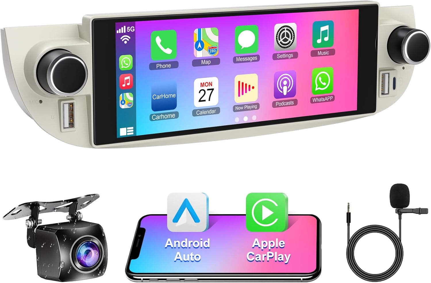 5GWiFi Upgrade Car Stereo Radio for Fiat 500 2007-2015, 4+64GB 6.8 inch Touchscreen with Wireless Carplay & Android Auto Voice Control Bluetooth GPS WiFi, EQ DSP FM SWC